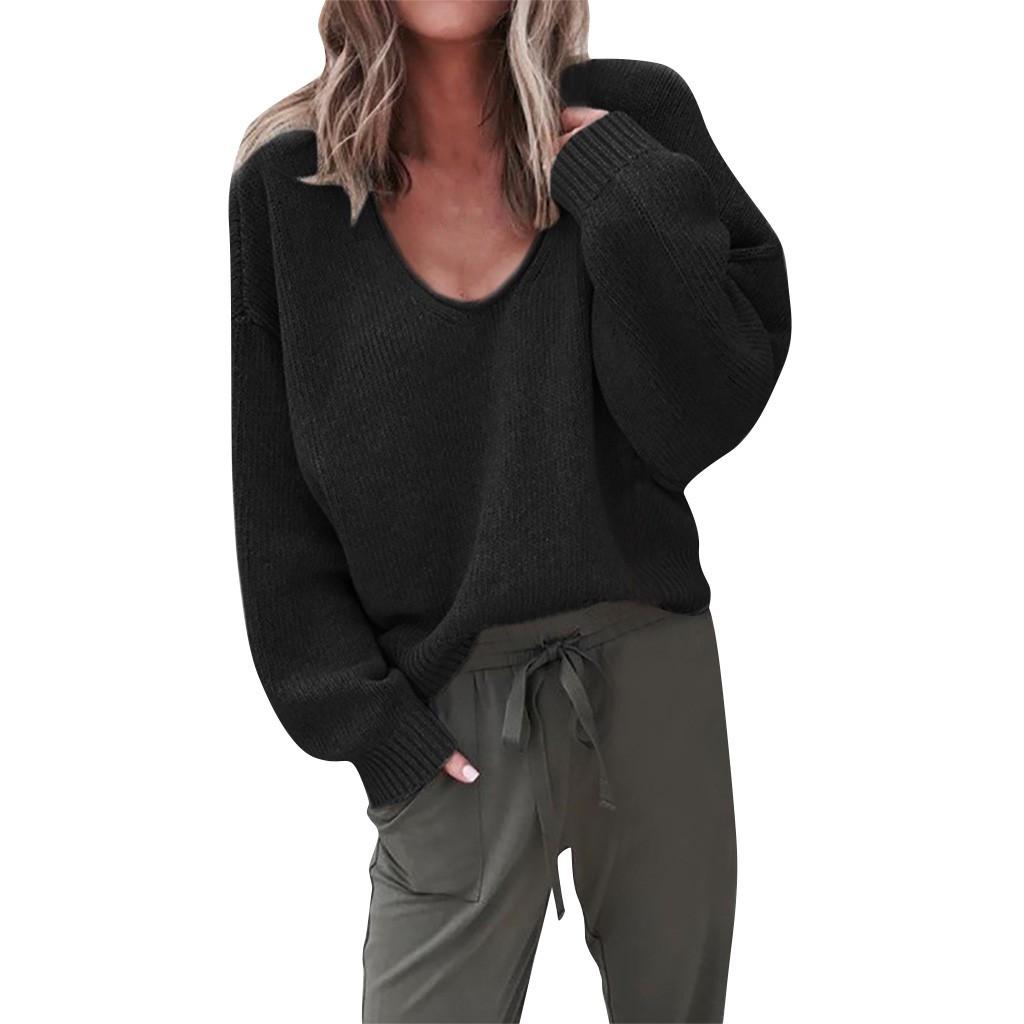 Damemote V-hals Løs Pullover Ensfarget Langermet Genser Topper