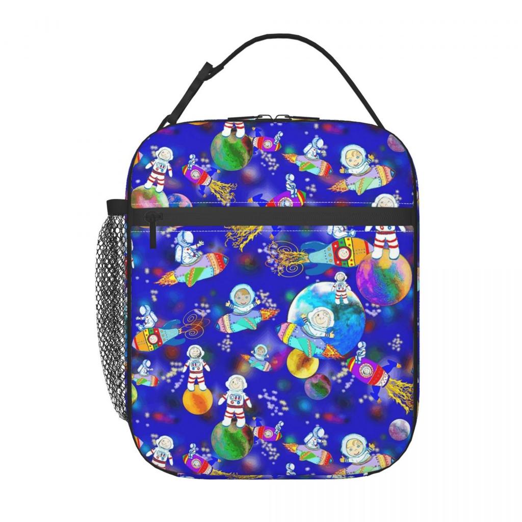Cartoon Astronauts Riding Rocket Pattern Insulated Lunch Bag for Women Kids Leakproof Food Boxes Thermal Lunch Box Tote
