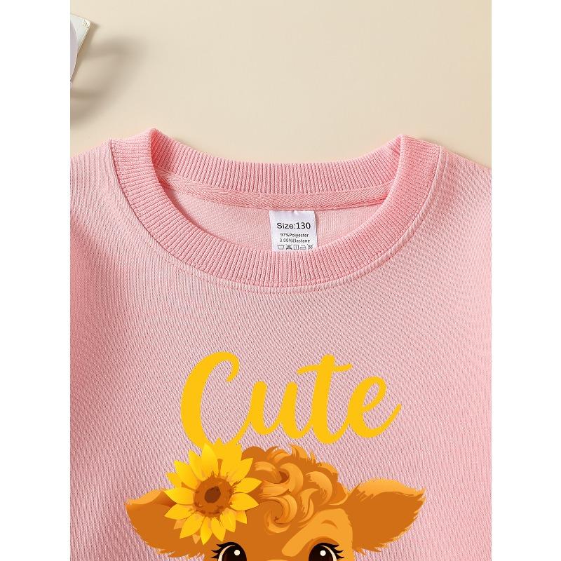 Kids Crewneck Long Sleeve Sweatshirt,Cute Cartoon Calf with Sunflowers Graphic Print