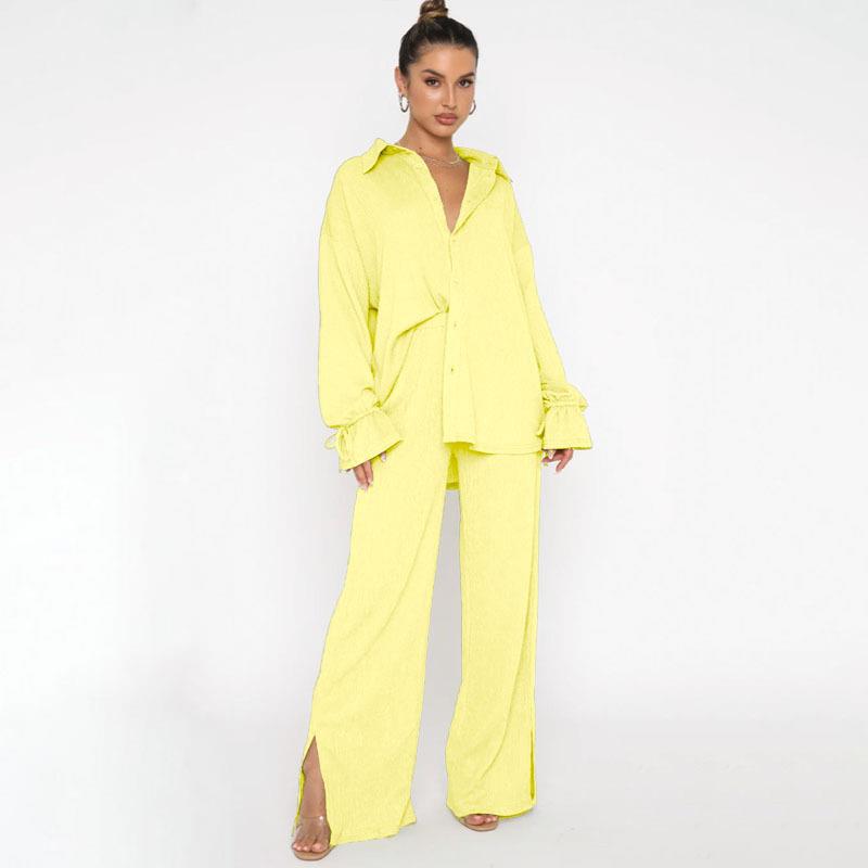 New Women's Fashion Solid Color Lapel Tie-Up Top & Trousers Suit for Spring, Autumn, Winter.