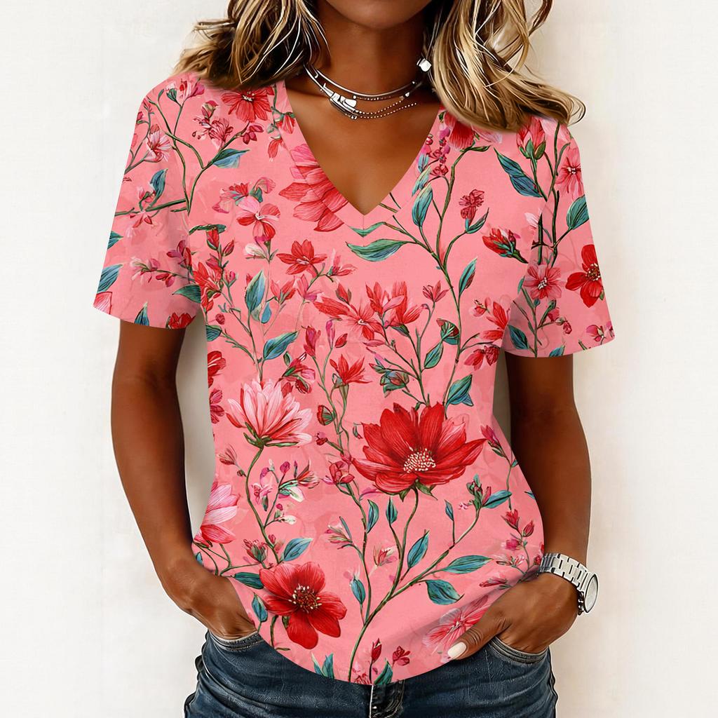 Modisches lässiges Damen-Pullover-Oberteil mit kurzen Ärmeln und Blumenprint, V-Ausschnitt