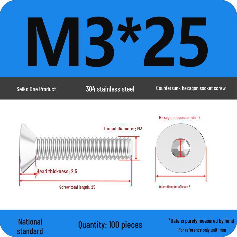 Complete Set of 304 Stainless Steel Countersunk Hex Socket Cap Screws, Flat Head Bolts, and Machine Screws (M2-M10)