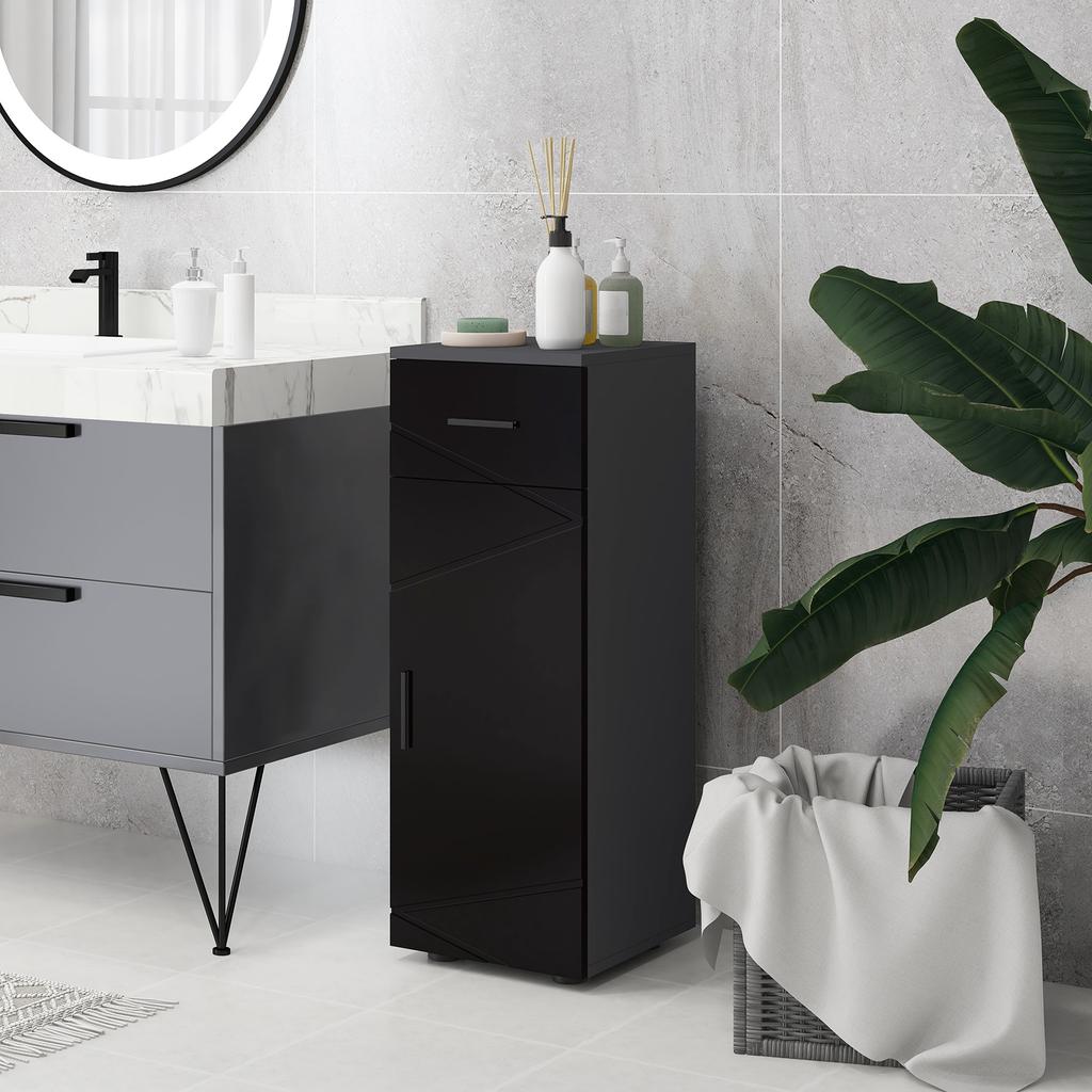 Bathroom Cabinet in Chipboard with Drawer and 2-Level Adjustable Cupboard, 30x30x82 cm, Black and Grey