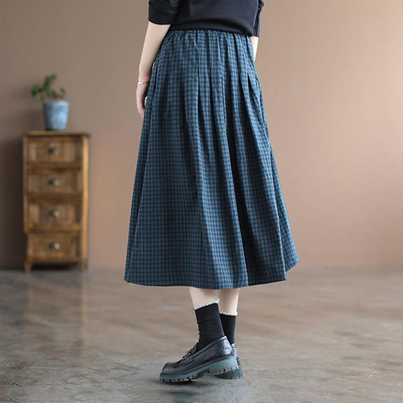 Half Skirt Women Summer Cotton Casual Versatile Elastic Skirt Loose Comfortable Plaid Skirt