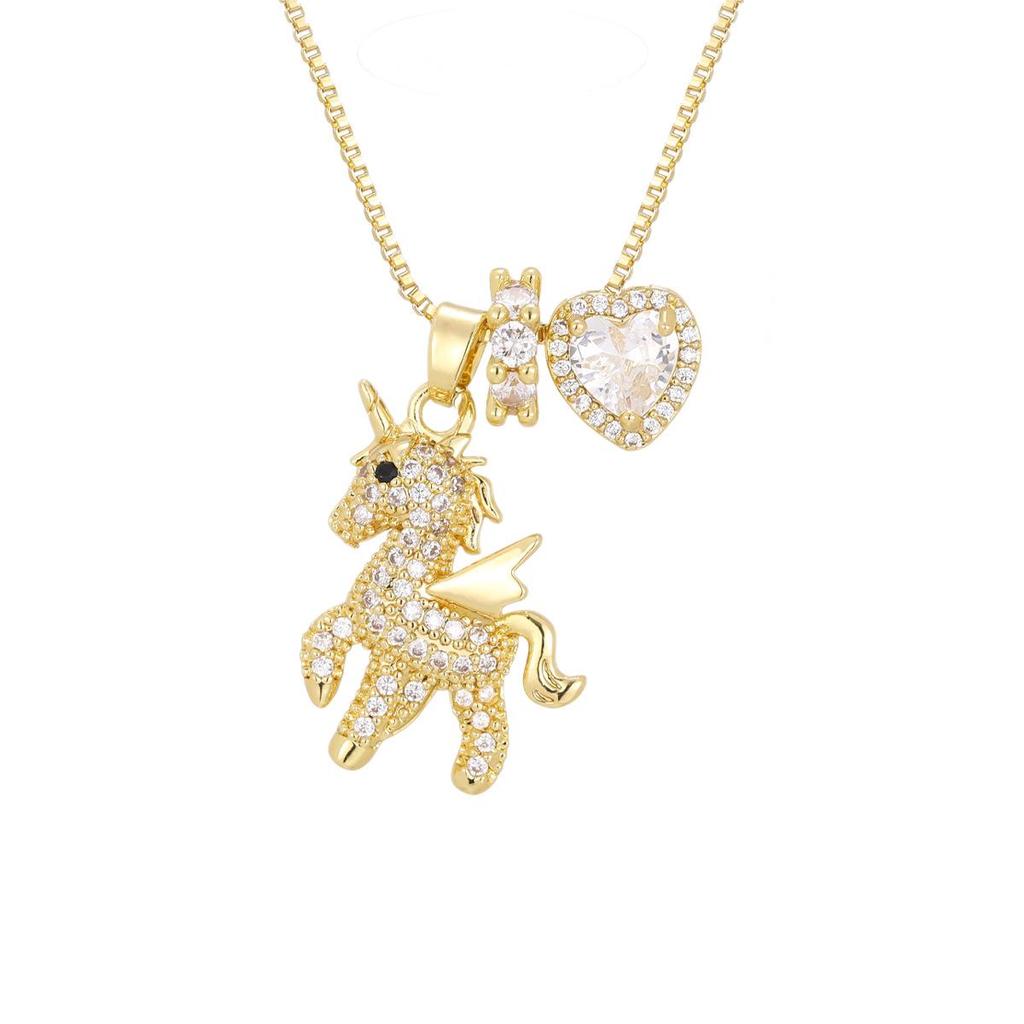 European and American Cute Unicorn Pony Necklace - Real Gold-Plated, Rhinestone-Embellished, Luxurious Jewelry Piece.