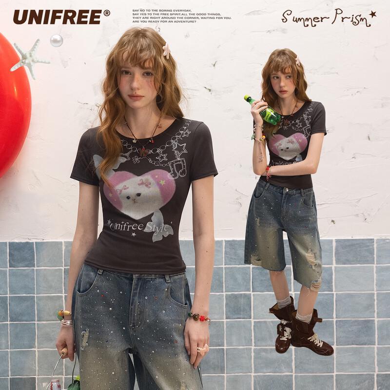 UNIFREE Korean Style Cute Pet Print Round Neck T-Shirt L