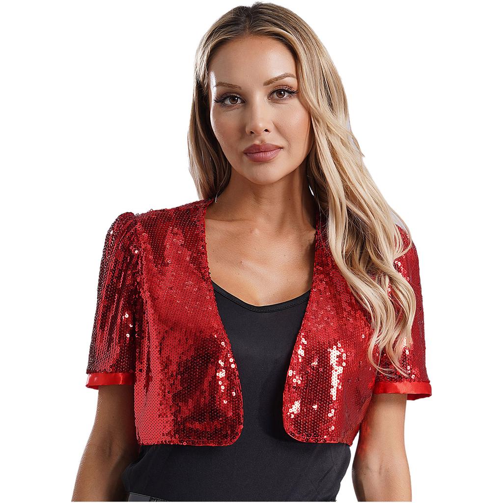 Womens Glitter Sequin Cropped Outerwear Short Sleeve Open Front Cardigan Jacket