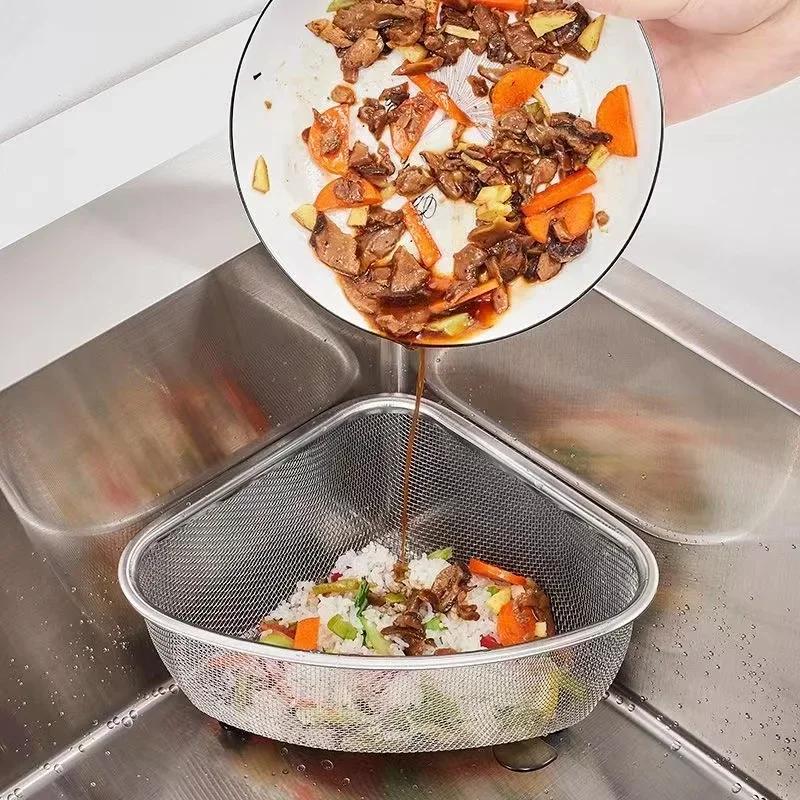 S/L Sink Drain Basket Stainless Steel Triangle Kitchen Residue Filter Net Wash Vegetable Basket Storage Shelf Household Tools
