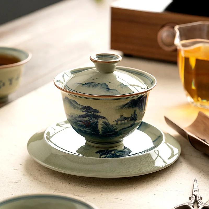 Hand Painted Ceramic Opening Landscape Gaiwan For Tea Tureen Teaware Cup Chinese Tea Bowls Vintage Chawan Tea Ceramony Set
