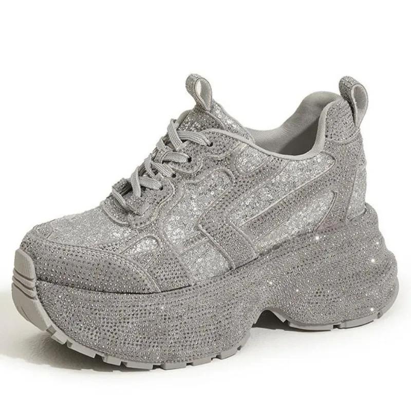 Fashion Top quality 8CM Air Mesh Synthetic Platform Wedge Casual Autumn Chunky Sneaker Bling Bling Leather Comfy High Brand Spring Shoes