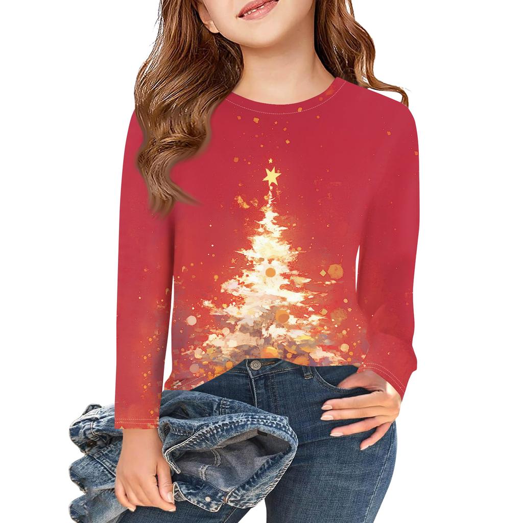 Christmas Day Girls Long Sleeve T Shirts Kids Fall Tops Crewneck Printed Basic Tees