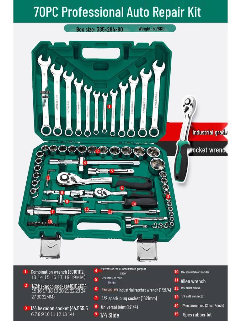 Green Forest Auto Repair Tool Set: Socket Wrench, Ratchet, Combination Tool Box.
