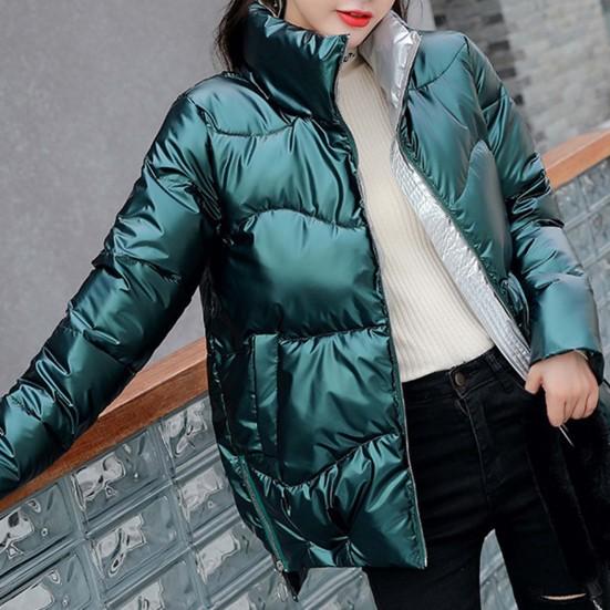 Side Zipper High Low Hem Women Coat Bright Surface Winter Women Stand Collar Puffer Jacket Outerwear