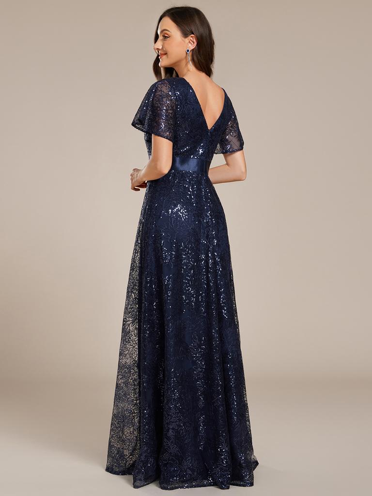 Ever-Pretty Damen Exquisite Illusion V-Ausschnitt Pailletten Stickerei Maxi Abendkleider mit Rüschen Ärmel