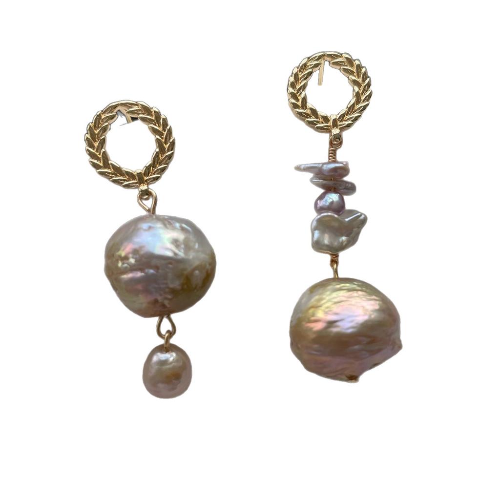 Wheat ears round flower earrings stud earrings retro natural pearl earrings baroque irregular crumple champagne pearl silver needle