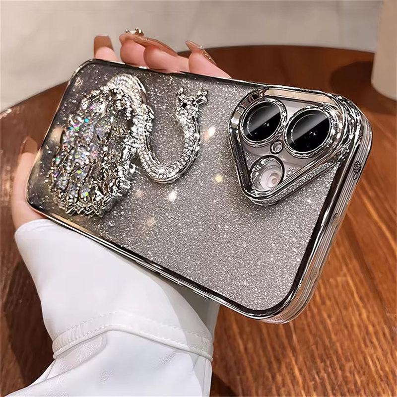 Luxury Plating Bling Glitter Gradient Diamond Swan Quicksand Phone Case For iPhone 15 12 13 14 16 Pro Max Plus Shockproof Cover