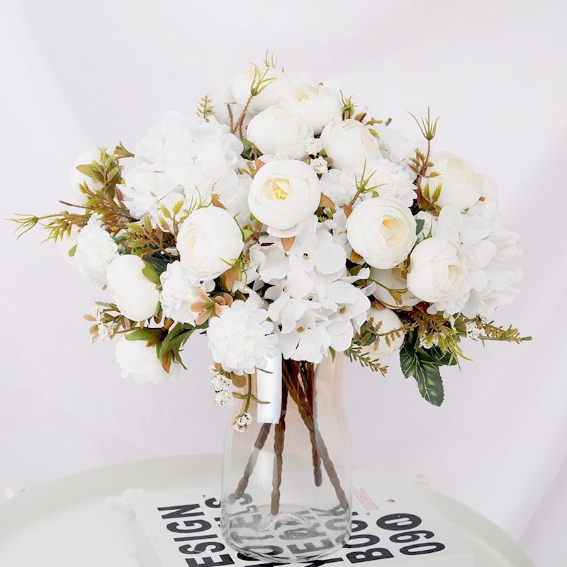 7 Head Rose Artificial Flowers 32cm Hydrangea Hybrid Bouquet Silk Fake Flower for Home Garden Wedding Decor, 1pc