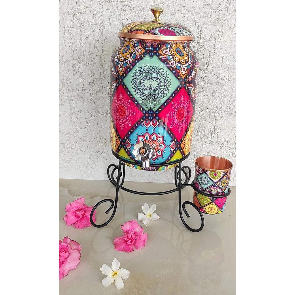 Pure Copper Colorful Diamonds Printed Design Water Pot Heavy Gauge with Brass Tap & Copper Glass & Stand, Storage & Serving Water, Volume- 5 Liters