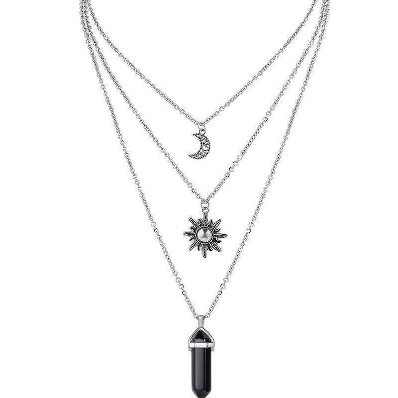 Mehrlagige Achat-Halskette mit hohlem Mond- und Sternanhänger für Damen, Schmuck für das Schlüsselbein