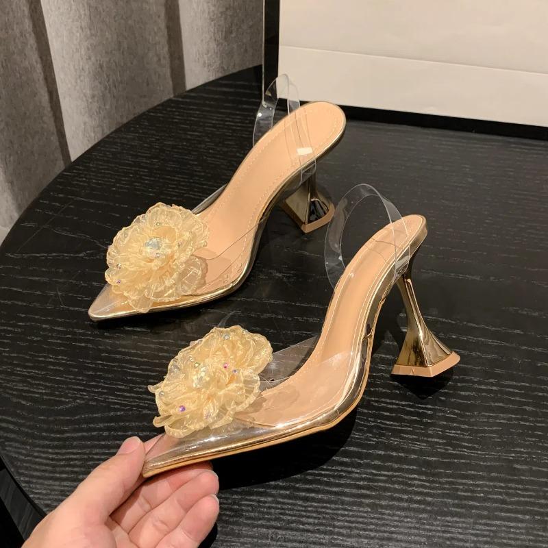 Summer Women's High Heel Sandals Pointed Flower High Heels Sexy Transparent Closed Toe Empty Wine Glass Heel Sandals