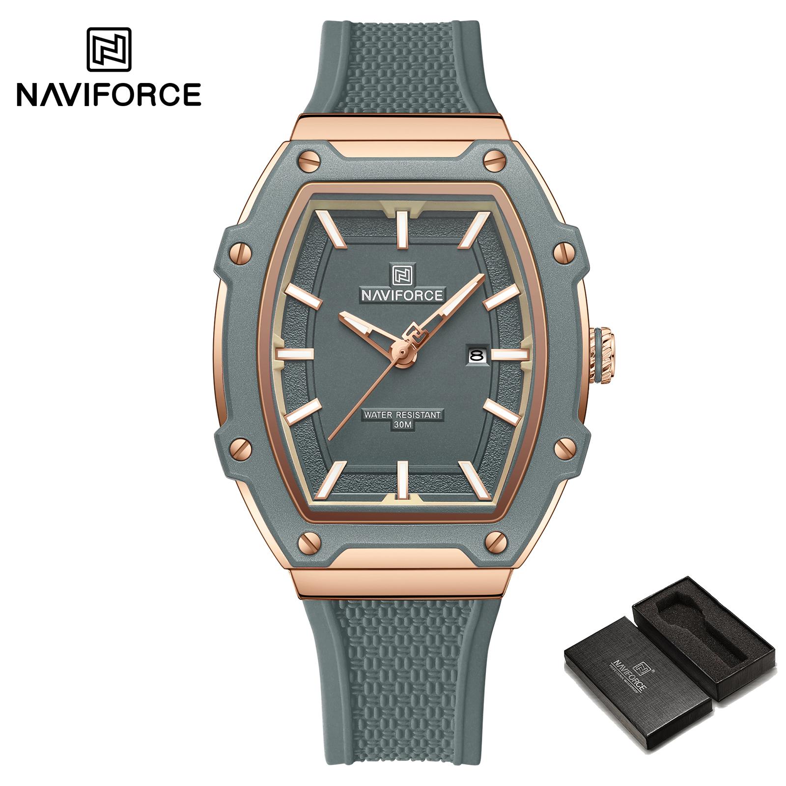 

Naviforce Женские часы с календарем, кварцевые водонепроницаемые, светящиеся стрелки, модные квадратные циферблаты, повседневные женские часы NF8069 серый