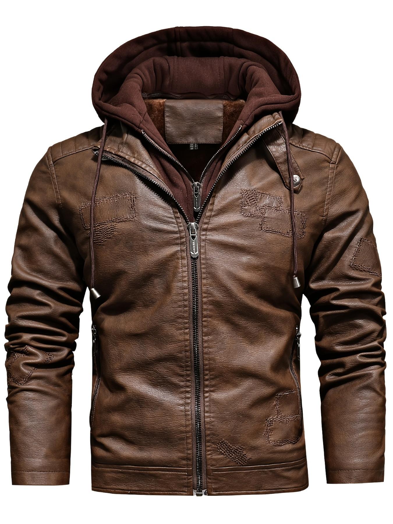 

Мужская куртка из искусственной кожи с длинными рукавами и застежкой-молнией, воротником-стойкой, карманами на молнии и съемным капюшоном, шикарная и стильная приталенная куртка для ношения на открытом воздухе XXL темно-коричневого