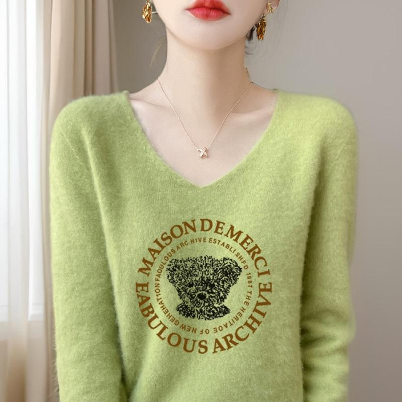 

Вязаный свитер свободного кроя с V-образным вырезом и принтом, новый универсальный свитер-топ для женщин на весну и осень XXL яблочный зеленый