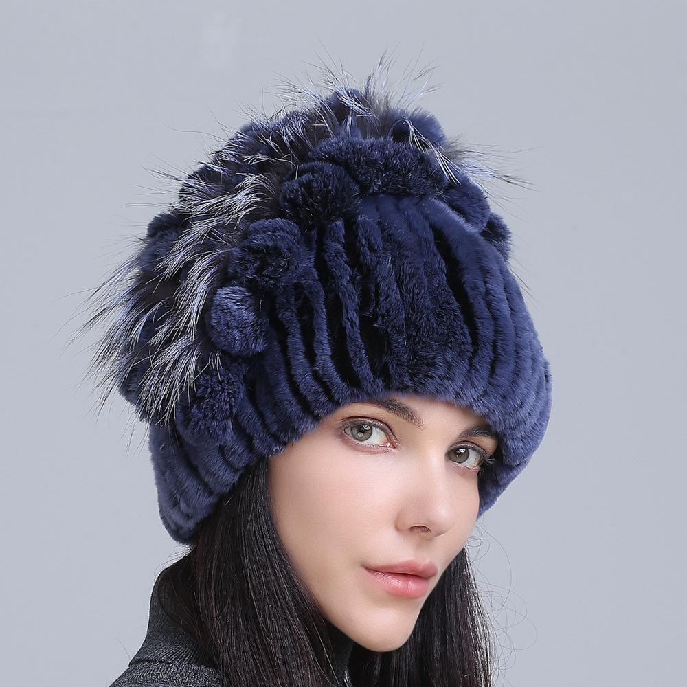 Winter Women's Warm Fashion Thick Wool Hat Rex Rabbit Fur Hat Knitted with Side Flower Hat