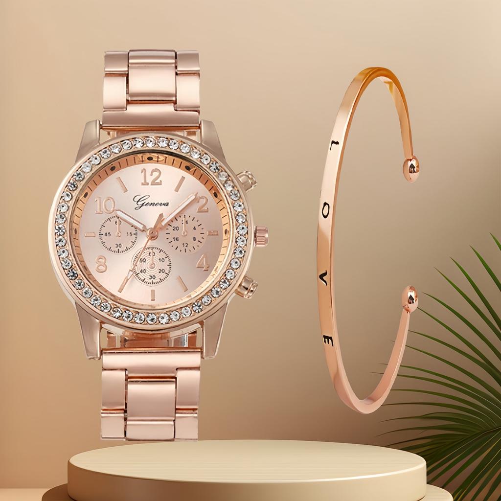 Three-eye Watch with Diamond Alloy Steel Belt Watch Women's Geneva Quartz Watch Set