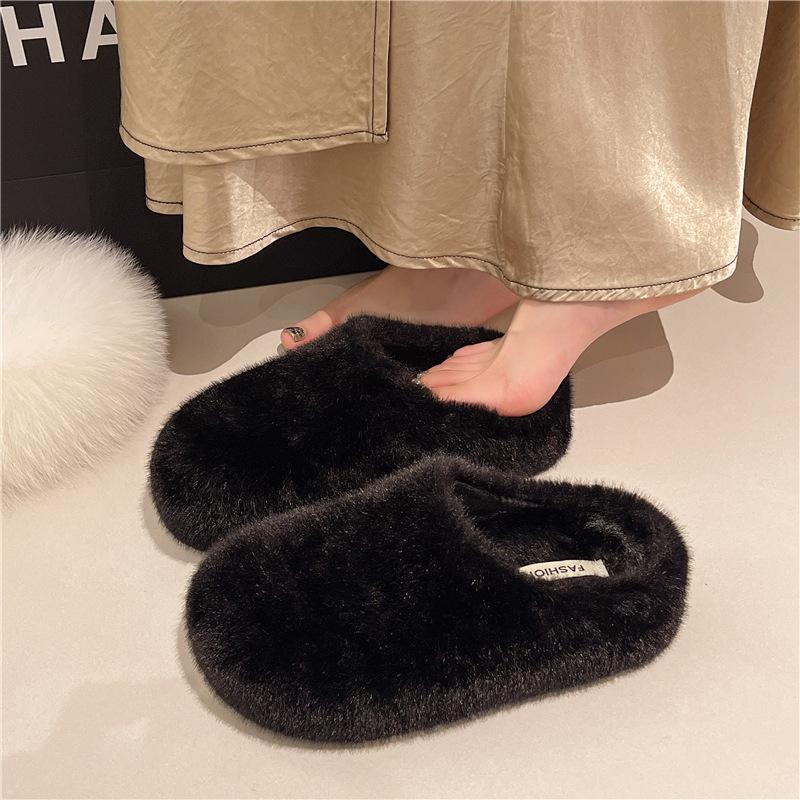 Kaninchenfell Französische flache Tasche Kopf flauschige Hausschuhe für Damen zum Tragen 2025 neue Herbst- und Winter-Ein-Pedal-Samt-Baumwollhausschuhe