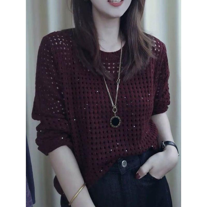 Elegant and Stylish High-End Red Long-Sleeve Knit Sweater for Women, 2026 Autumn New Round-Neck Hollow-Out Plus-Size Top