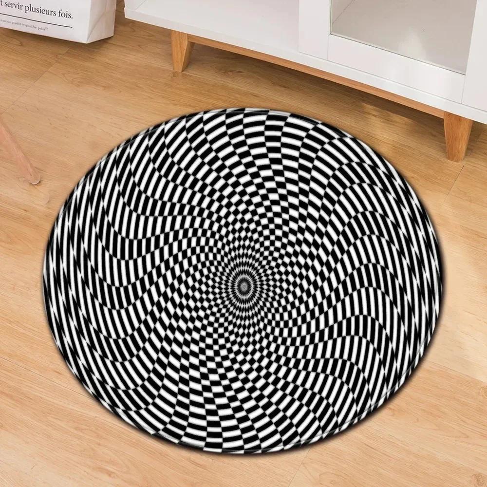 Crystal Velvet Psychedelic Round Rug,Black  White Geometric Illusion Print Non Slip Floor Mat for Living Room,Coffee Table,Decor