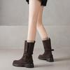 Krazing Pot Cow Suede Round Toe Thick Heels Motorcycle Boots Size 42 Back Zip Women Keep Warm Metal Button Mid-calf Boots