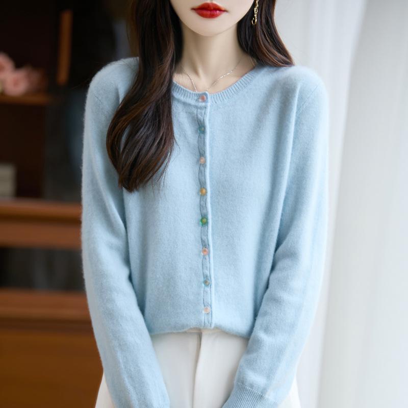 Women's Autumn 2025 Pure Wool Round Neck Cardigan - New Style Loose Knit Sweater