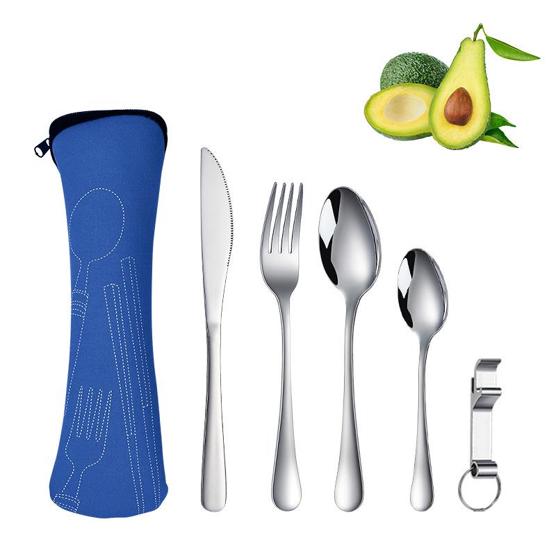 Stainless Steel Travel Cutlery Set: Knife, Fork, Spoon, Bottle Opener with Portable Storage Bag for Outdoor Camping