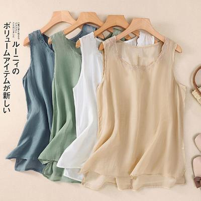 Strap Vest Women's Summer New Artistic Cotton and Linen Sleeveless Inner Layer Bottom Shirt Versatile Embroidered Round Neck
