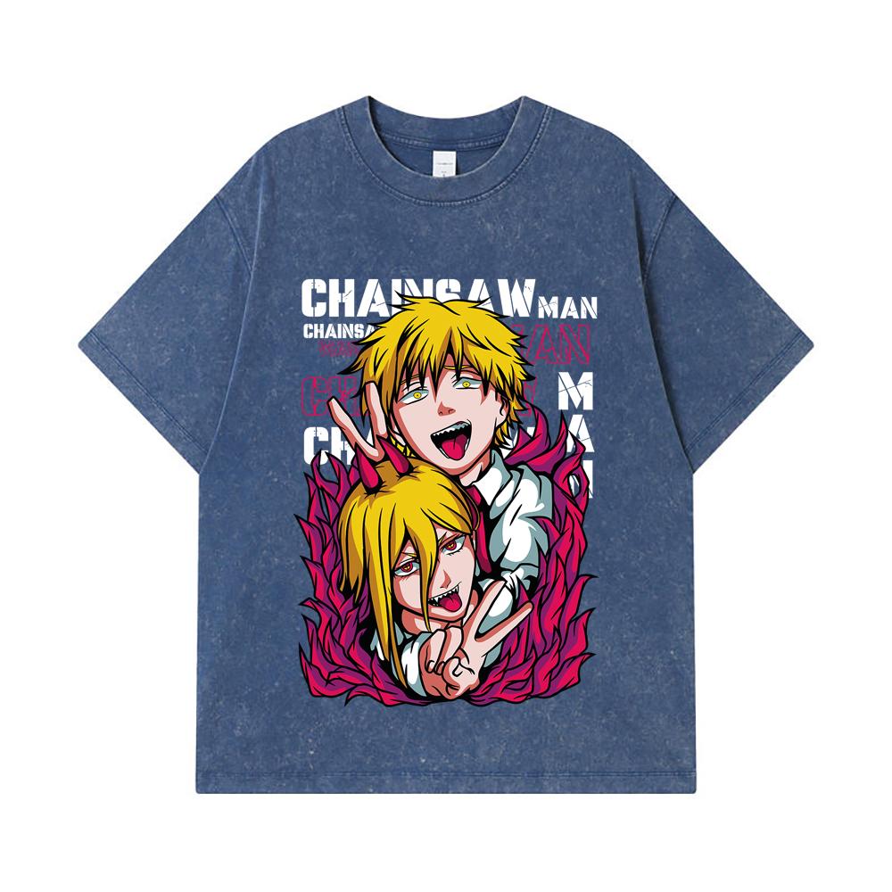 

275 GSM Washed T-shirts 100% Cotton Chainsaw Man V39 Denji Power Print Unisex Heavy Cotton T Shirt 2XL королівський синій колір
