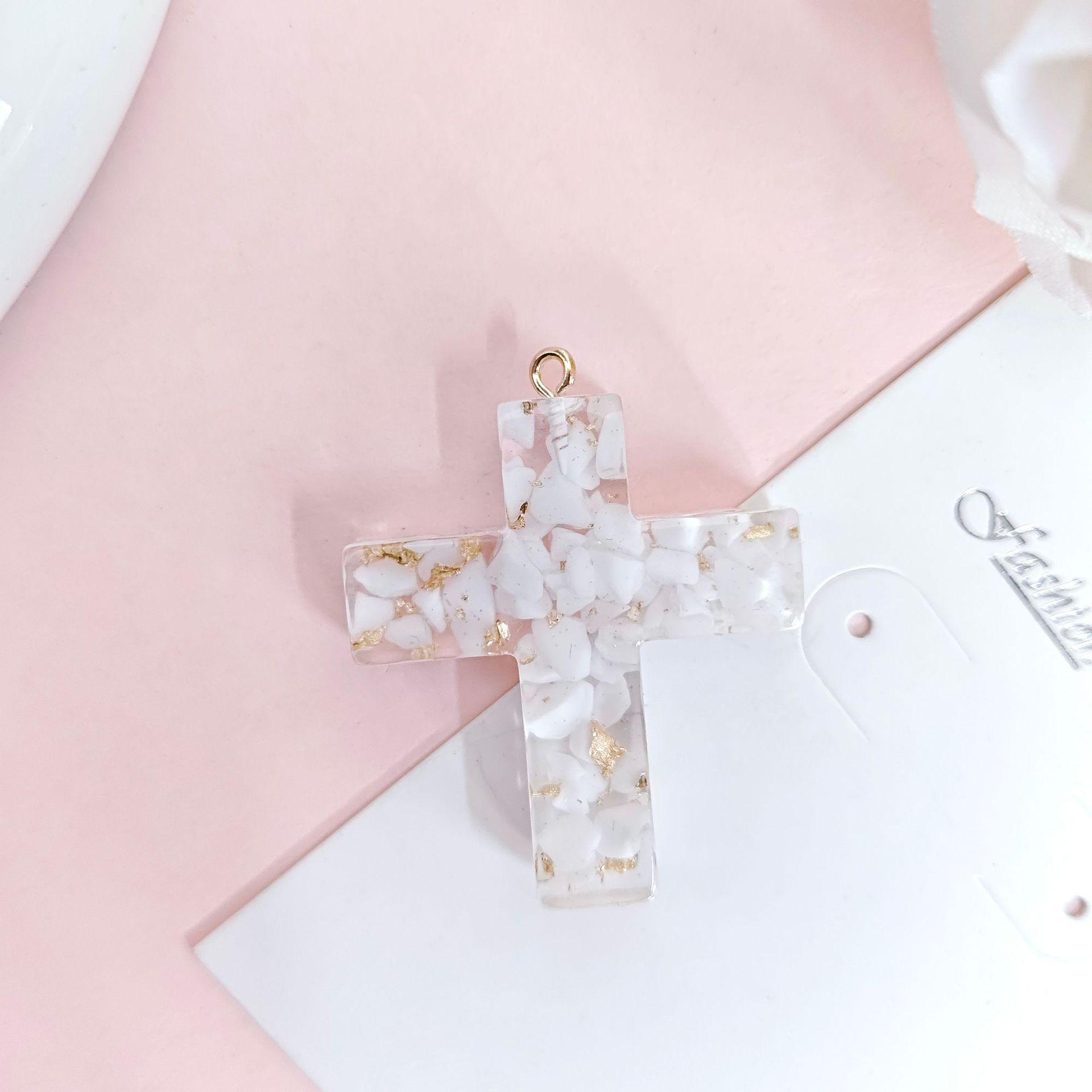 Epoxy Cross Pendant Charm with Glitter Shell & Pearl Design Keychain