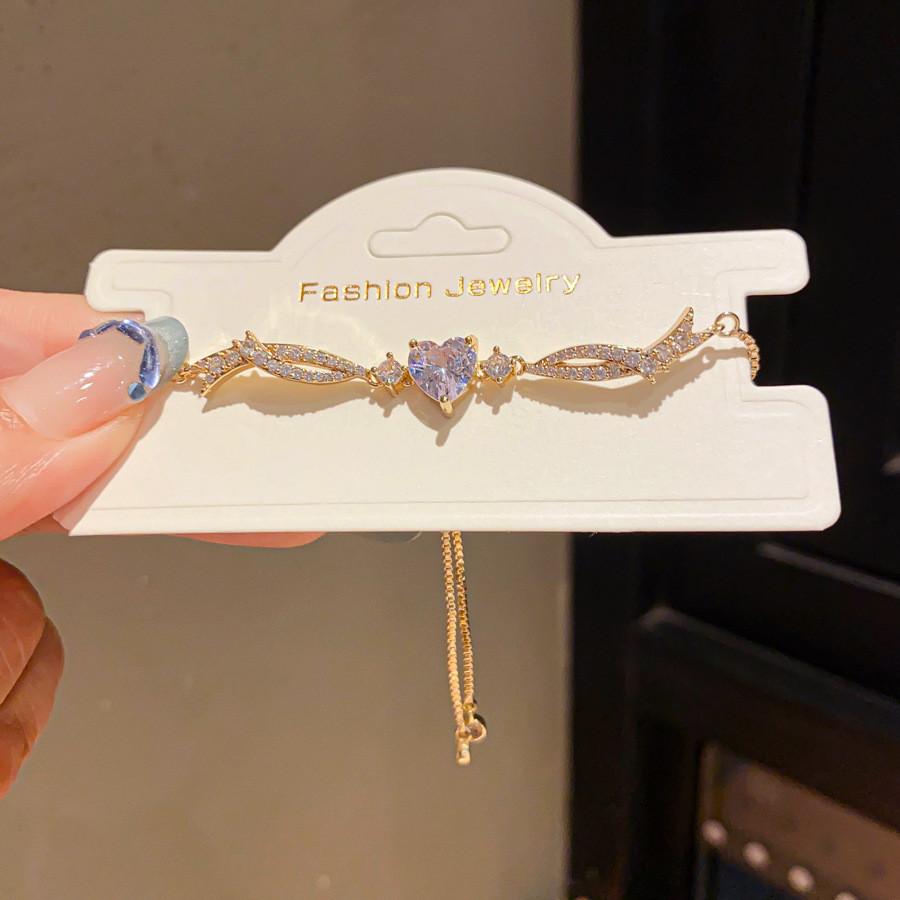 Stylish Heart Pendant Cuff Bracelet With Zircon Stones Lightweight For Daily Wear GoldWhite