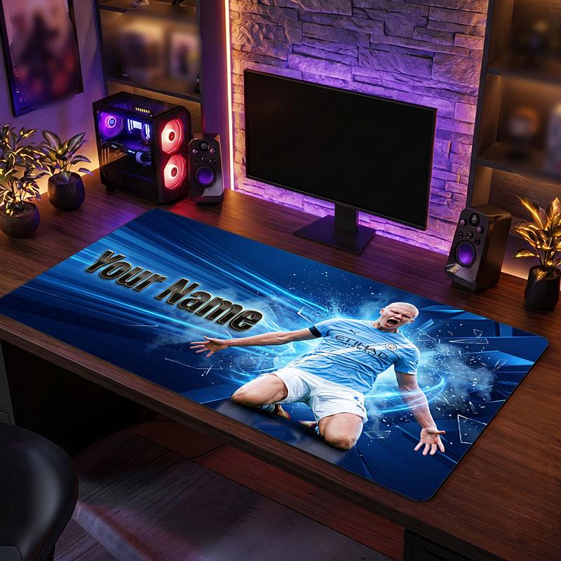 Erling Haaland Custom Large Mouse Pad, Personalized Name Text Print, Football Logo Non‑Slip Desk Mat Gaming Gift