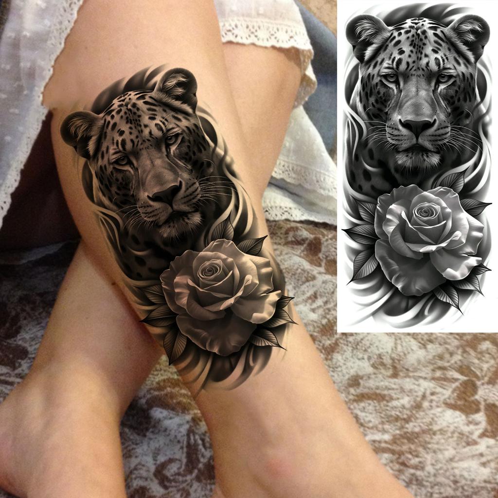 1 Sheet Cool Leopard With Rose Temporary Tattoos For Men Women Adults, Long Lasting Realistic Waterproof Fake Tattoo Sticker