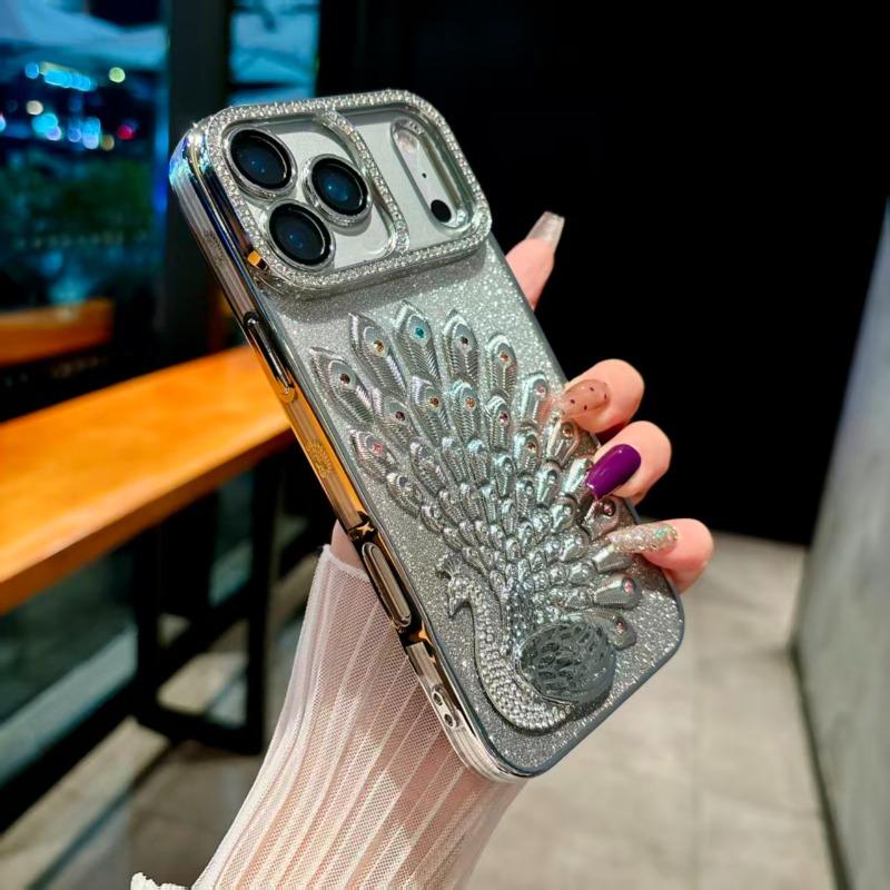 

Peacock Plated Frame Glitter Stickers Rhinestone Lens Ring Case for IPhone 17 Air 16 15 14 Plus 13 Pro Max Protect Soft Cover iPhone 13 Pro