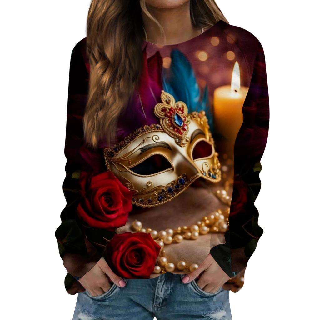 Women's Fashion Casual Long Sleeved Print Round Neck Sweater Top
