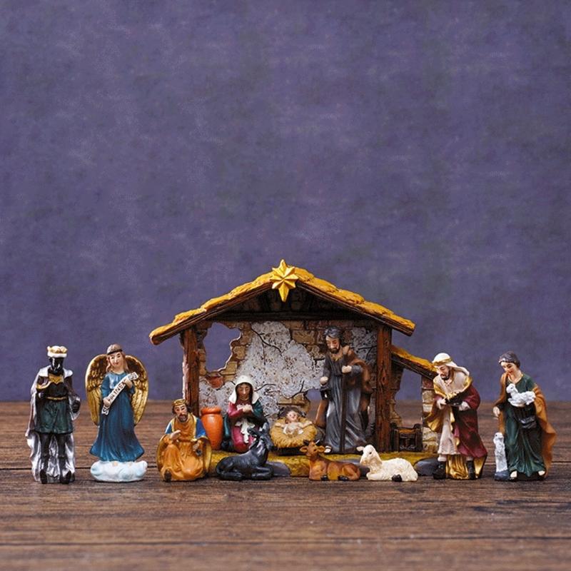 Statuine Presepe di Natale Resine Statua Scena Natività con Stalla Statua Sacra Famiglia Centrotavola Decorazioni per la Casa