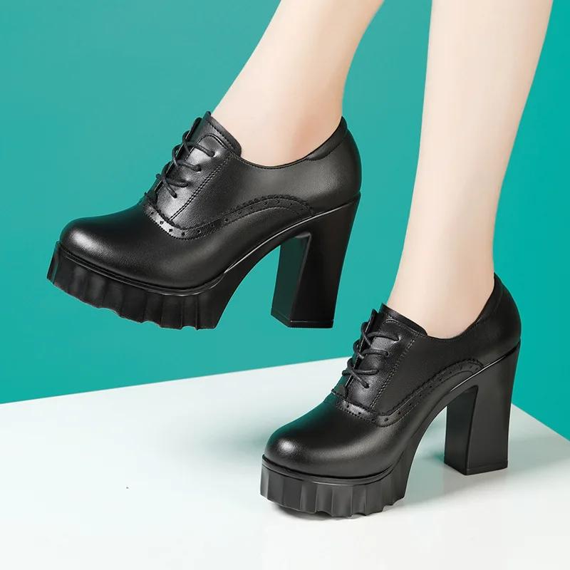 10cm Small Size 32-43 British Deep Mouth Platform Shoes Brogues Fall 2025 Block High Heels Shoes Genuine Leather Shoes Office