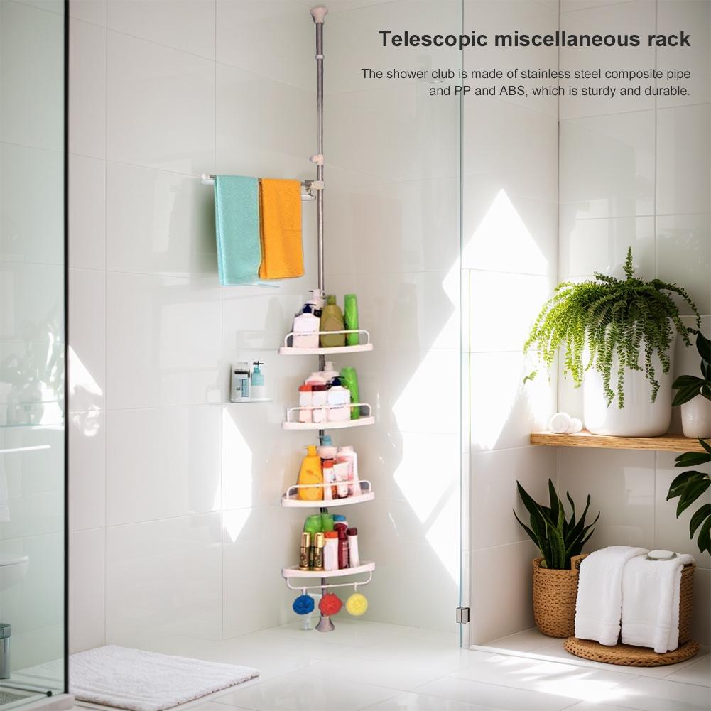Badezimmerregal, verstellbar, 4 Ablagen, Teleskop-Duschregal, Edelstahlrahmen, Duschcaddy, Organizer-Regal, Dusch-Eckständer