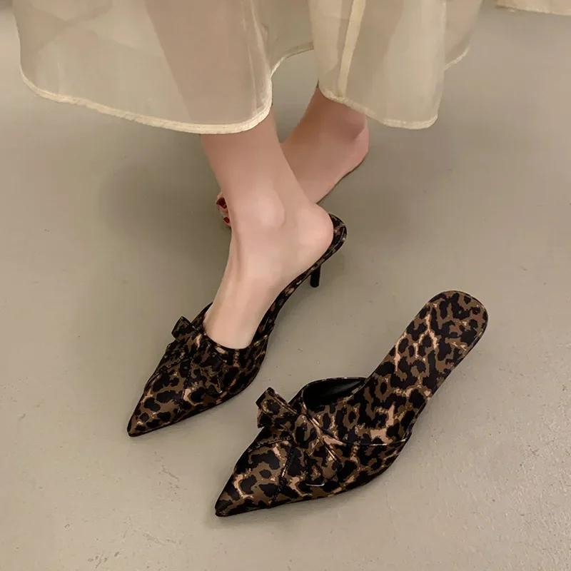 Korean Style High Heel Women's Slippers Spring Summer New Butterfly Knot Pointed Toe Shoes Thin Heel Leopard Print Slip-On
