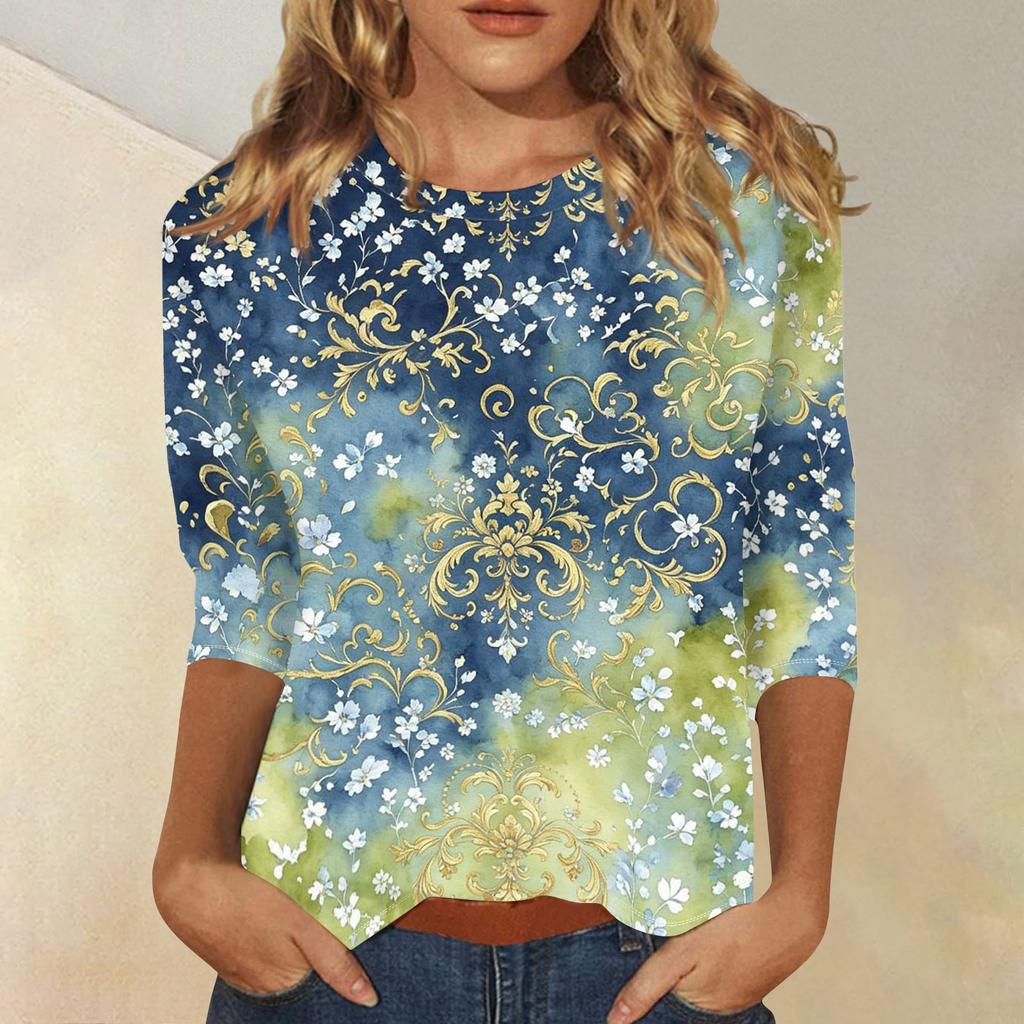 Haut Floral Décontracté pour Femme à Col Rond Manches Trois Quarts Blouse Légère pour un Usage Quotidien et Coupe Confortable
