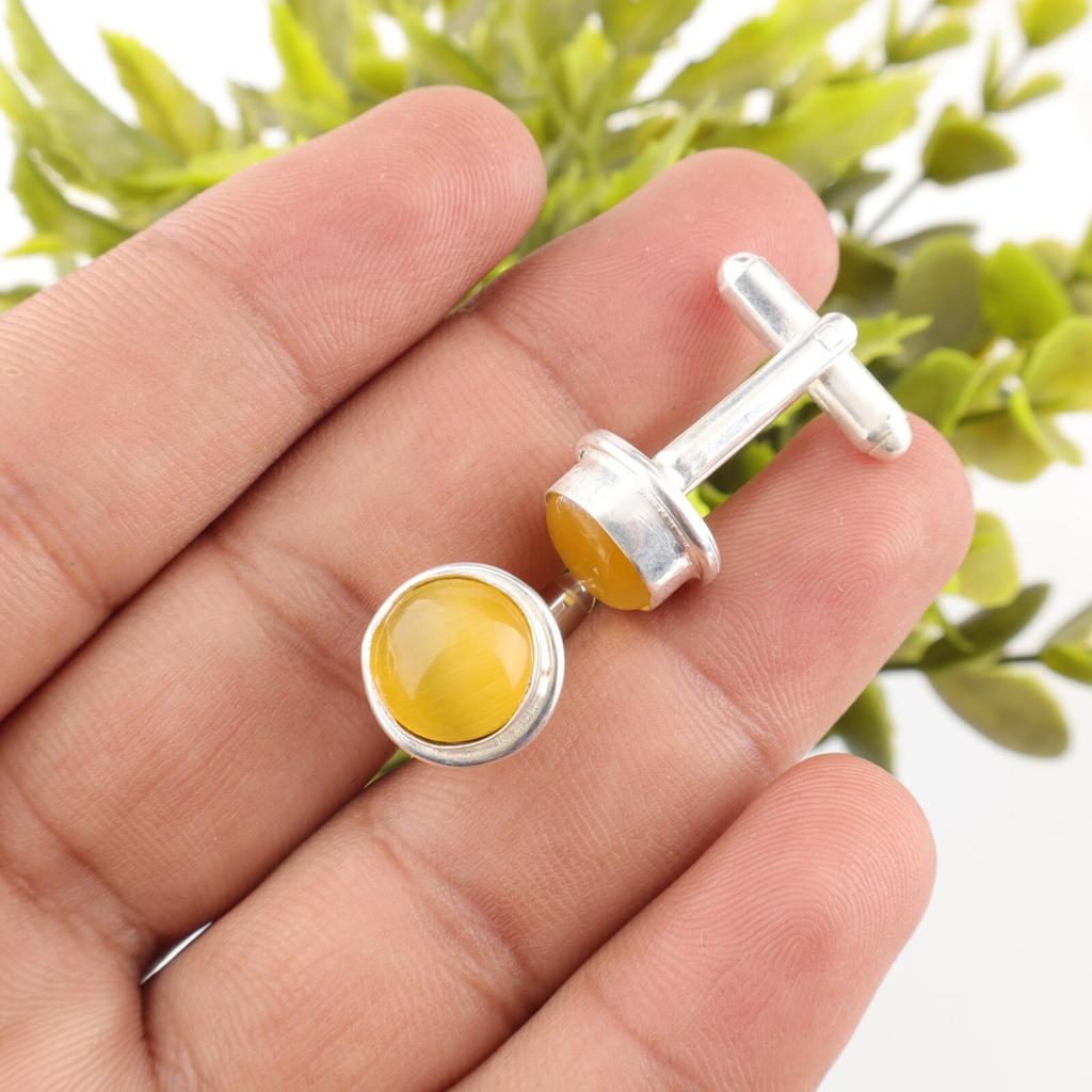 Yellow Cat's Eye Gemstone 925 Sterling Silver Handmade Jewelry Cufflinks 0.50" CL-4-23