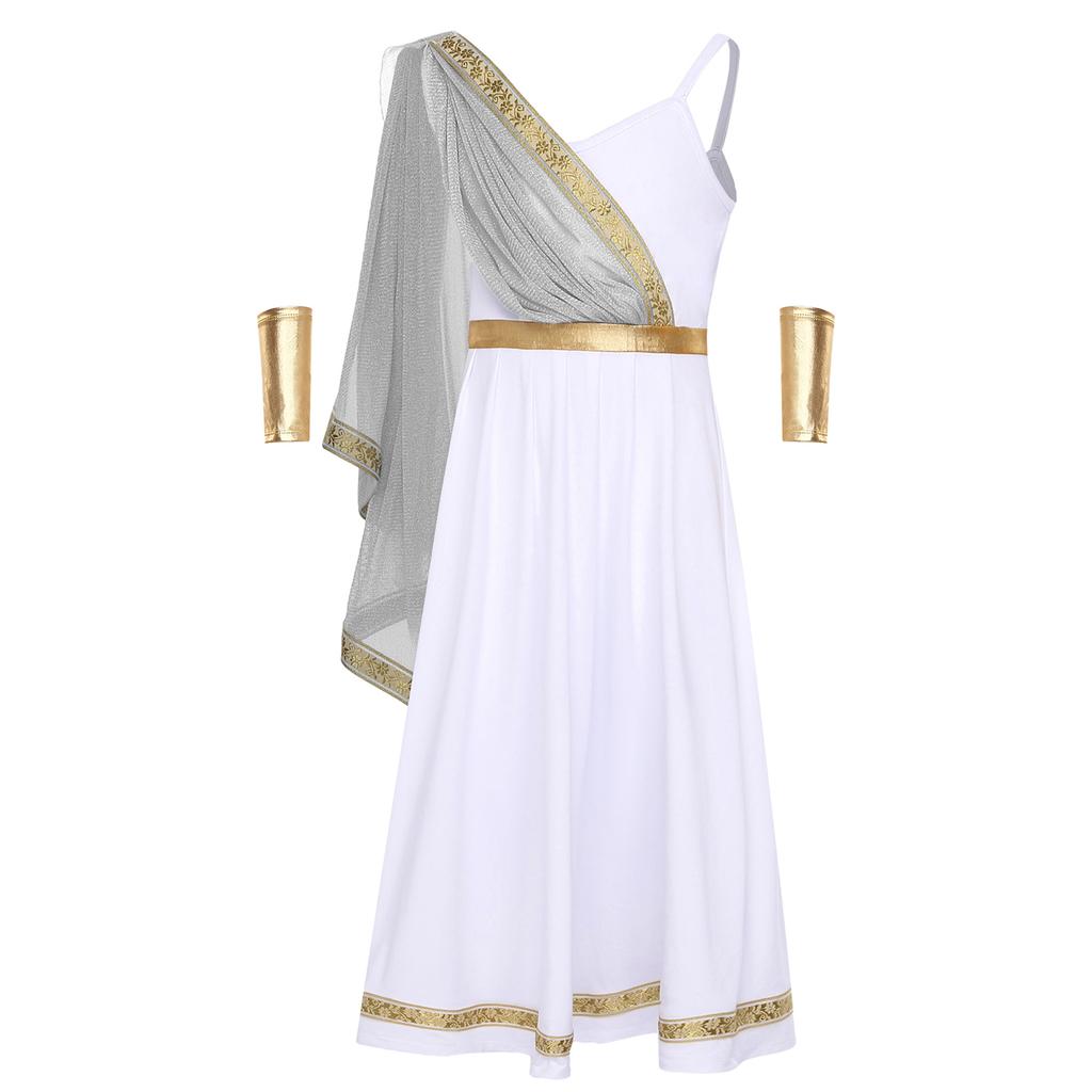 Disfraz de Princesa Griega Antigua para Niñas Vestido Camisola de Cintura Alta Capa con Bordado Dorado Manga para el Brazo Atuendo de Halloween